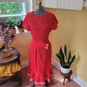 Vintage Red dress Deadstock, open back, striped skirt ruffle/asymmetrica…